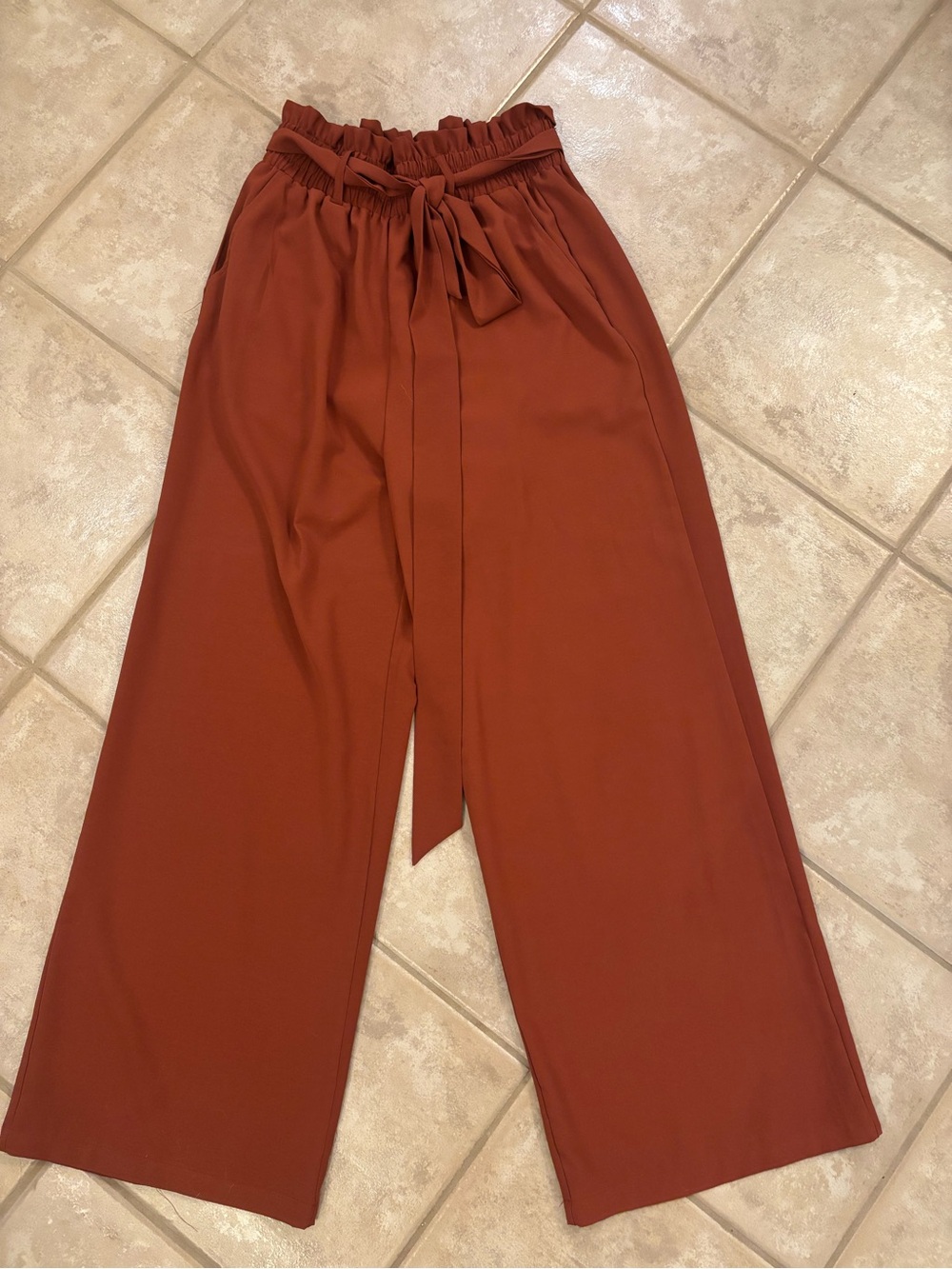 High-Waist Paperbag Wide-Leg Pants - Rust